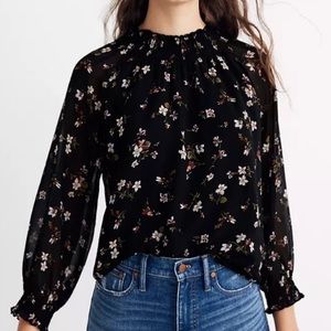 Madewell Top XS Black Floral Smocked Mockneck
